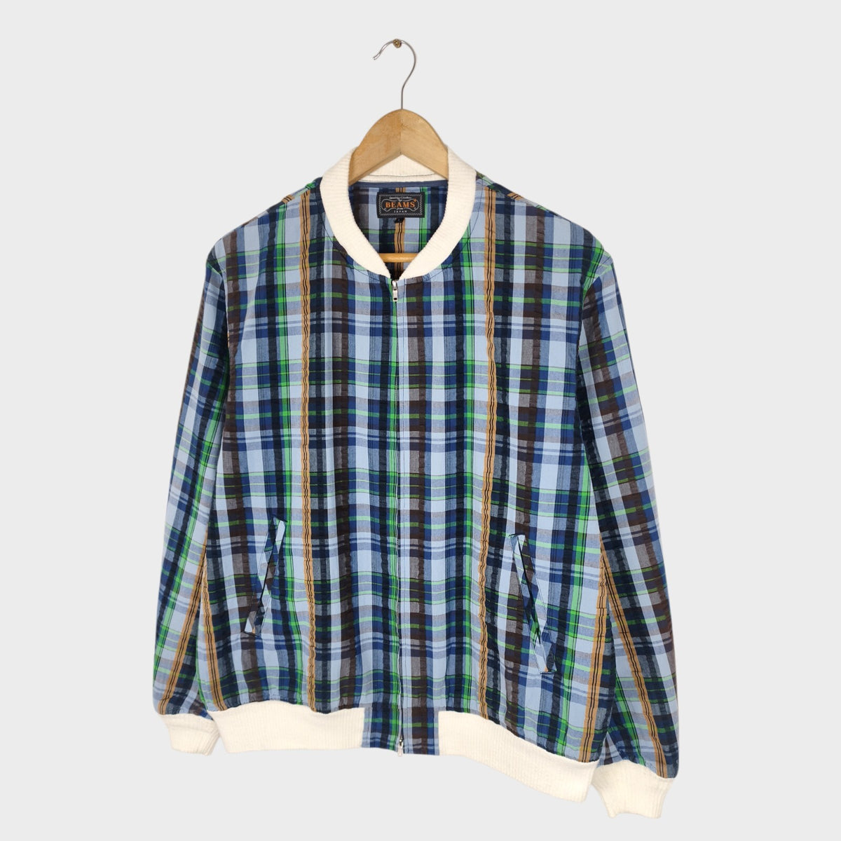 BEAMS PLUS Men's Multicoloured Checked Seersucker Bomber Jacket