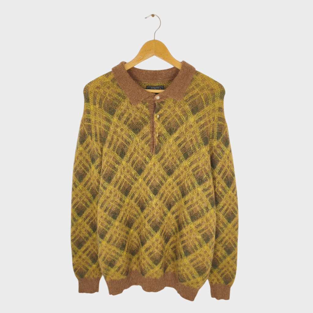BEAMS PLUS Men's Argyle Shaggy Knit Mohair Blend Polo Shirt Jumper