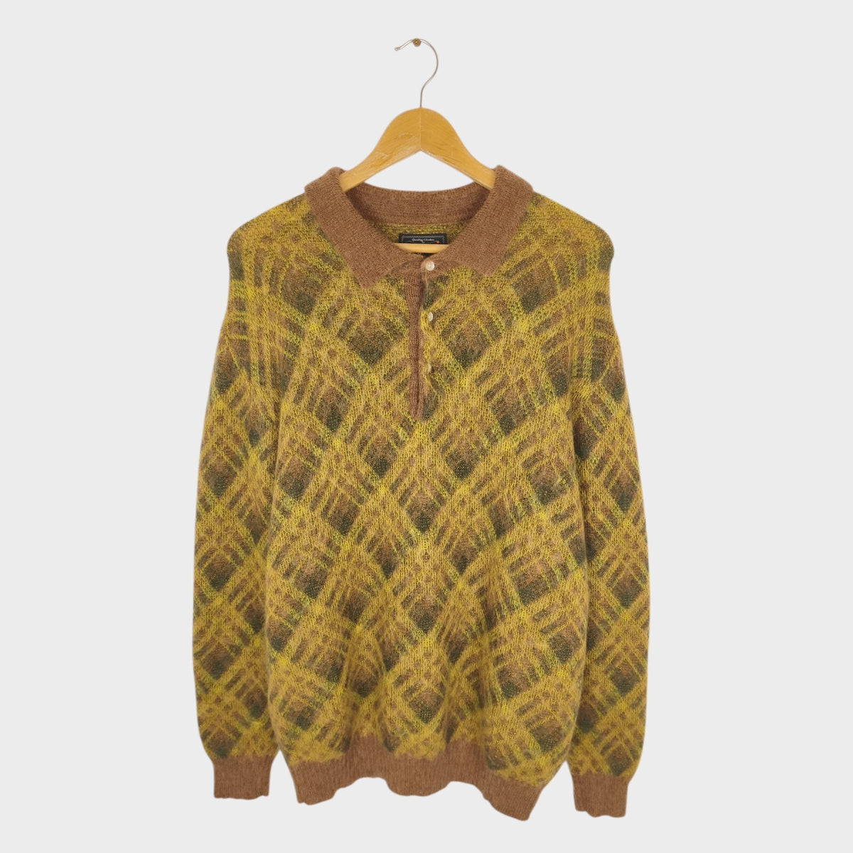BEAMS PLUS Men's Argyle Shaggy Knit Mohair Blend Polo Shirt Jumper