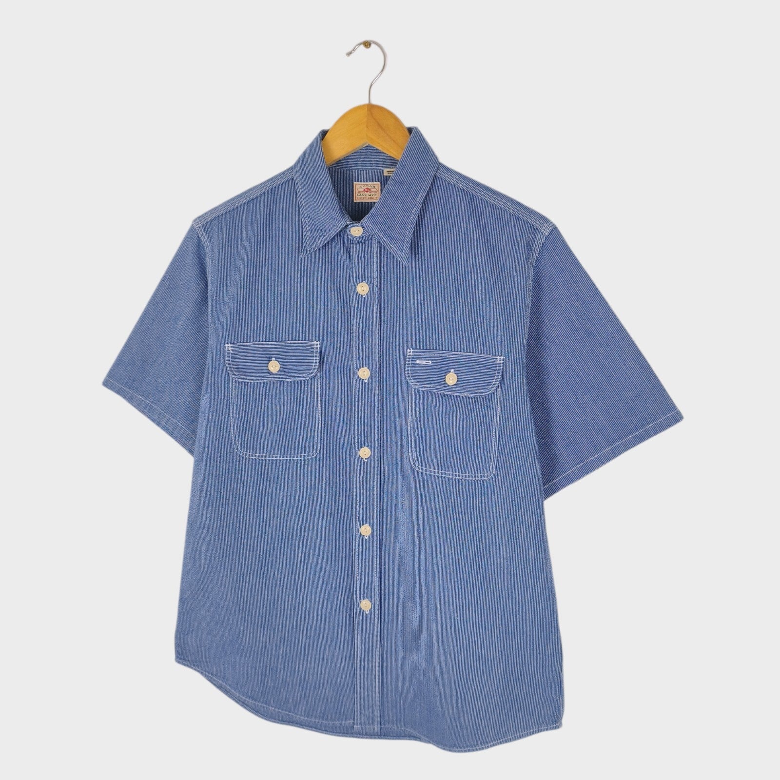 SUGAR CANE Men's Made in Japan Blue Embroidered Striped Utility Work Shirt