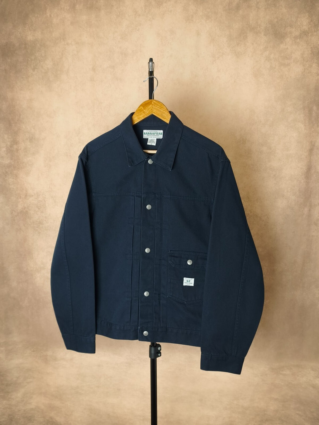 SASSAFRAS Men's Made in Japan Navy Duck Canvas Gardener Trucker Jacket