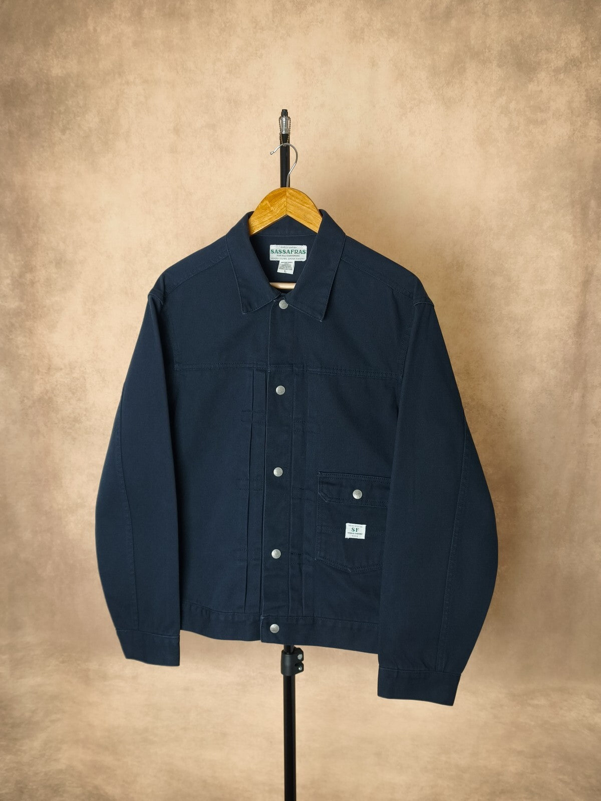 SASSAFRAS Men's Made in Japan Navy Duck Canvas Gardener Trucker Jacket