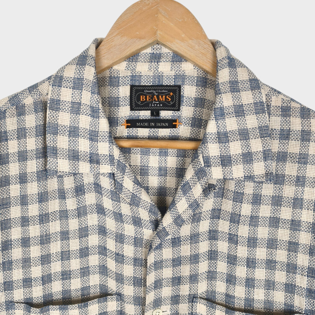 BEAMS PLUS Men's Made in Japan 100% Linen Checked Knitted Vacation Shirt