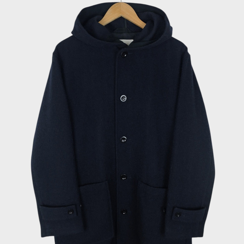 MHL MARGARET HOWELL Men's Dark Navy Blue 100% Wool Hooded Coat