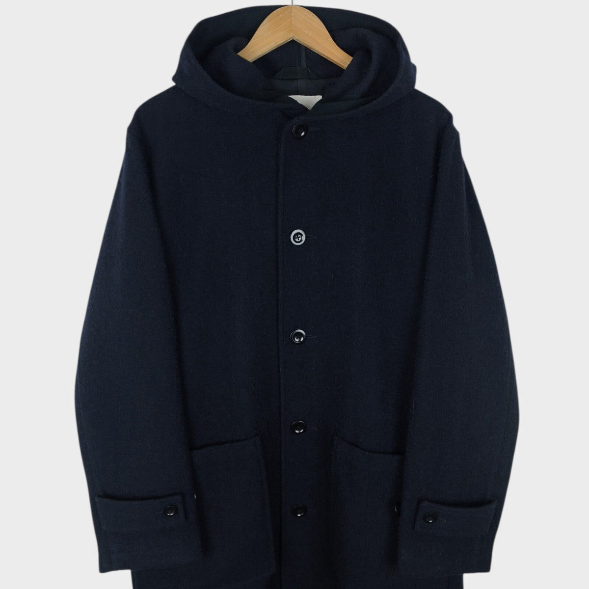 MHL MARGARET HOWELL Men's Dark Navy Blue 100% Wool Hooded Coat