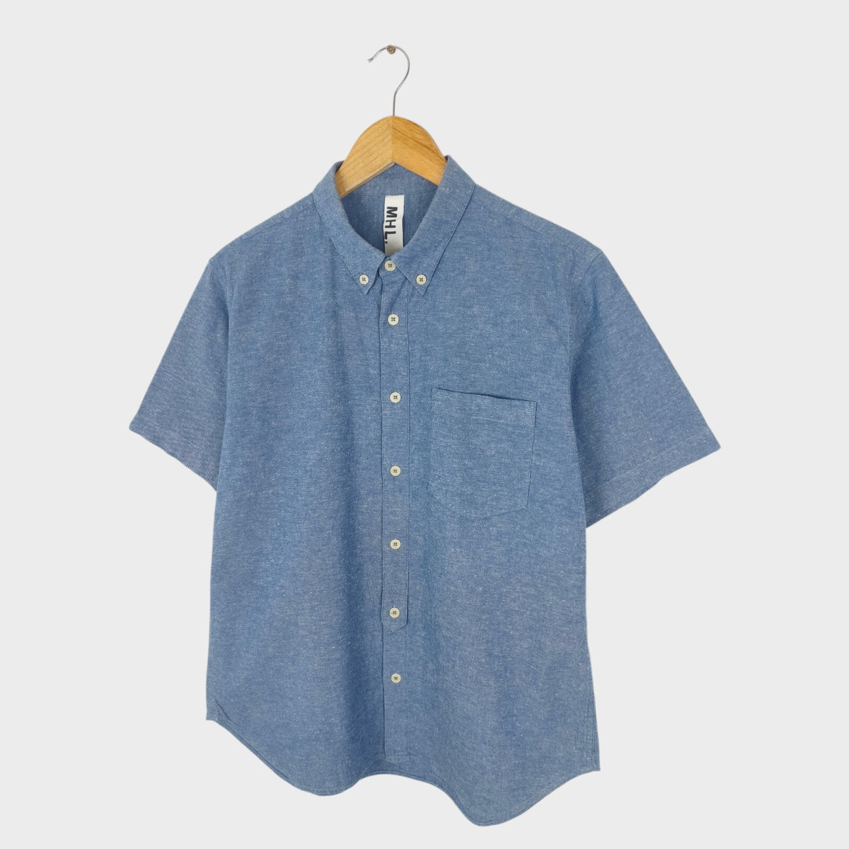 MHL MARGARET HOWELL Men's Blue Cotton/Linen Short Sleeved Shirt