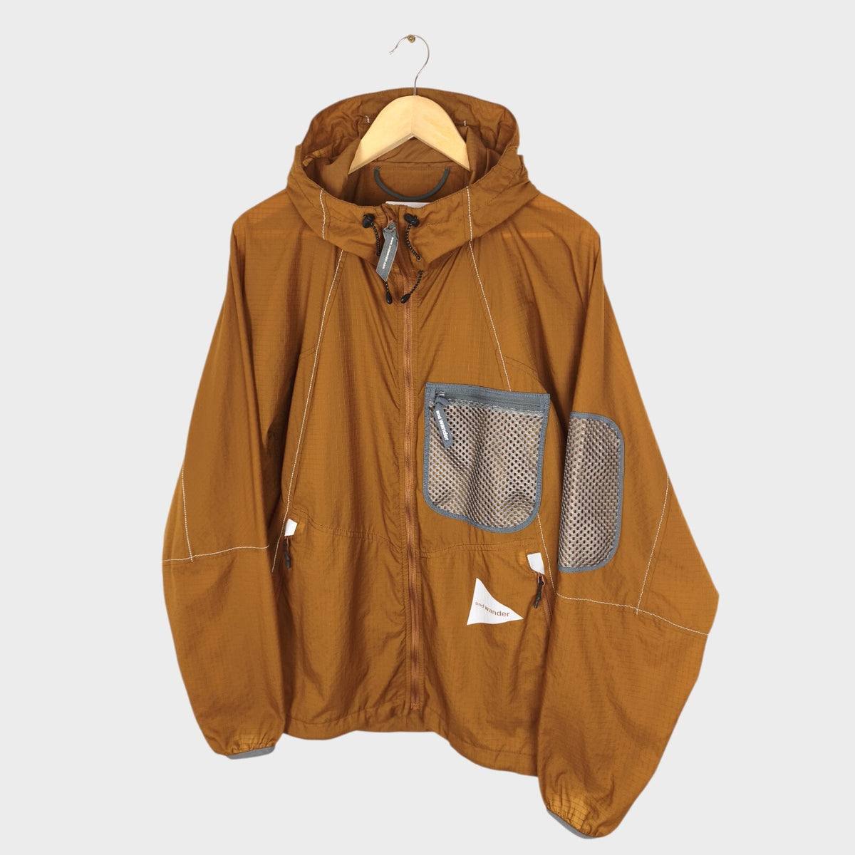 AND WANDER Men's Brown Breath Rip Hooded Jacket