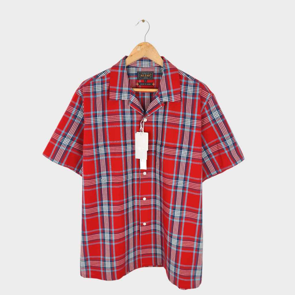 BEAMS PLUS Men's Made in Japan Cotton Red Checked Camp Collar Shirt