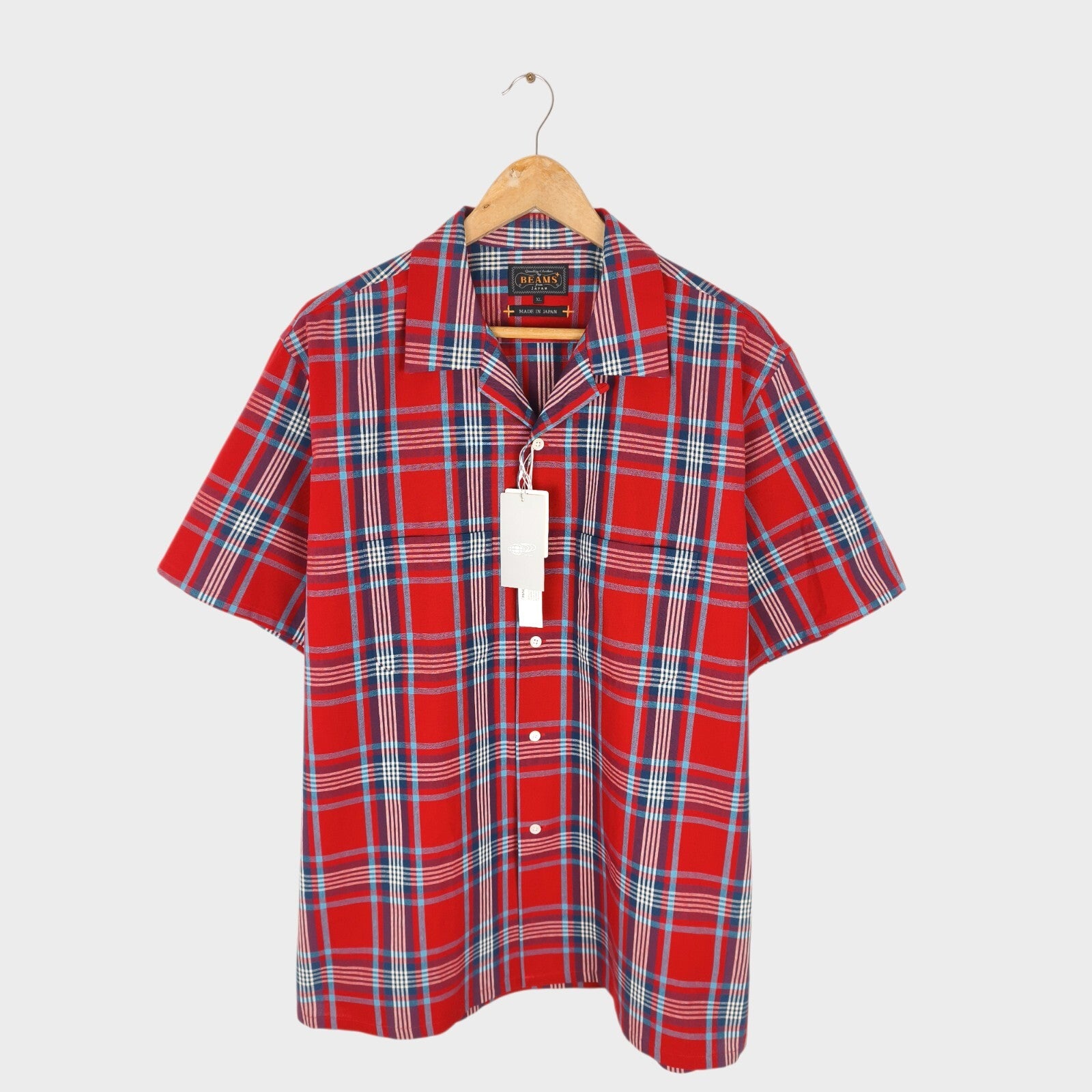 BEAMS PLUS Men's Made in Japan Cotton Red Checked Camp Collar Shirt