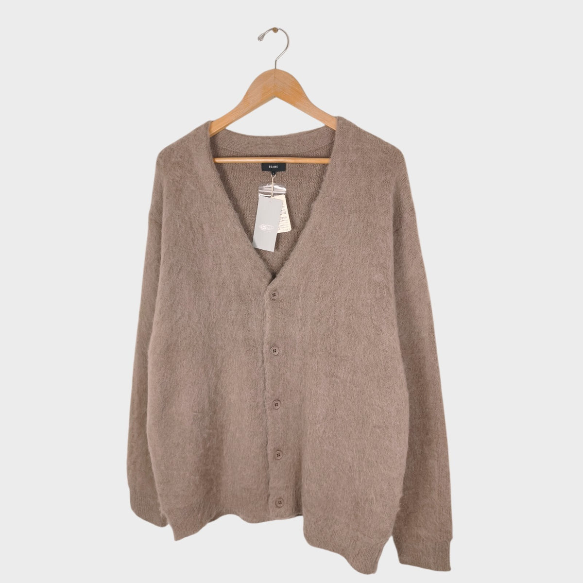BEAMS Men's Taupe Mohair Blend Shaggy Grunge Cardigan