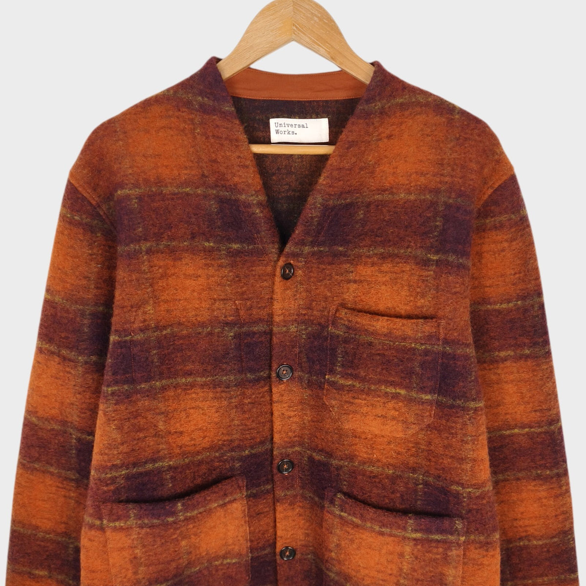 UNIVERSAL WORKS Men's Orange Check Wool Fleece Cardigan