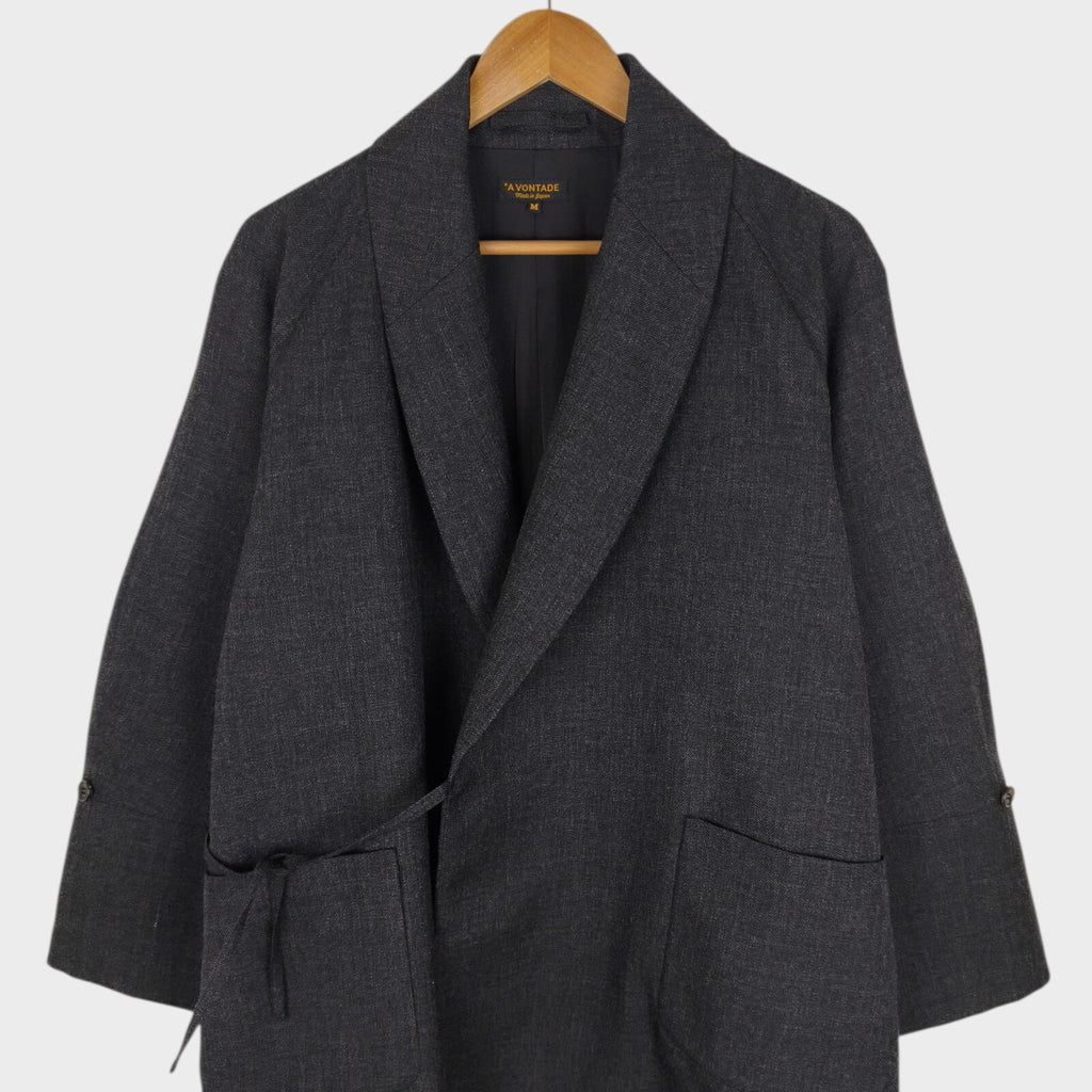 A VONTADE Men's Made in Japan Dark Grey Wool Robe Kimono Coat