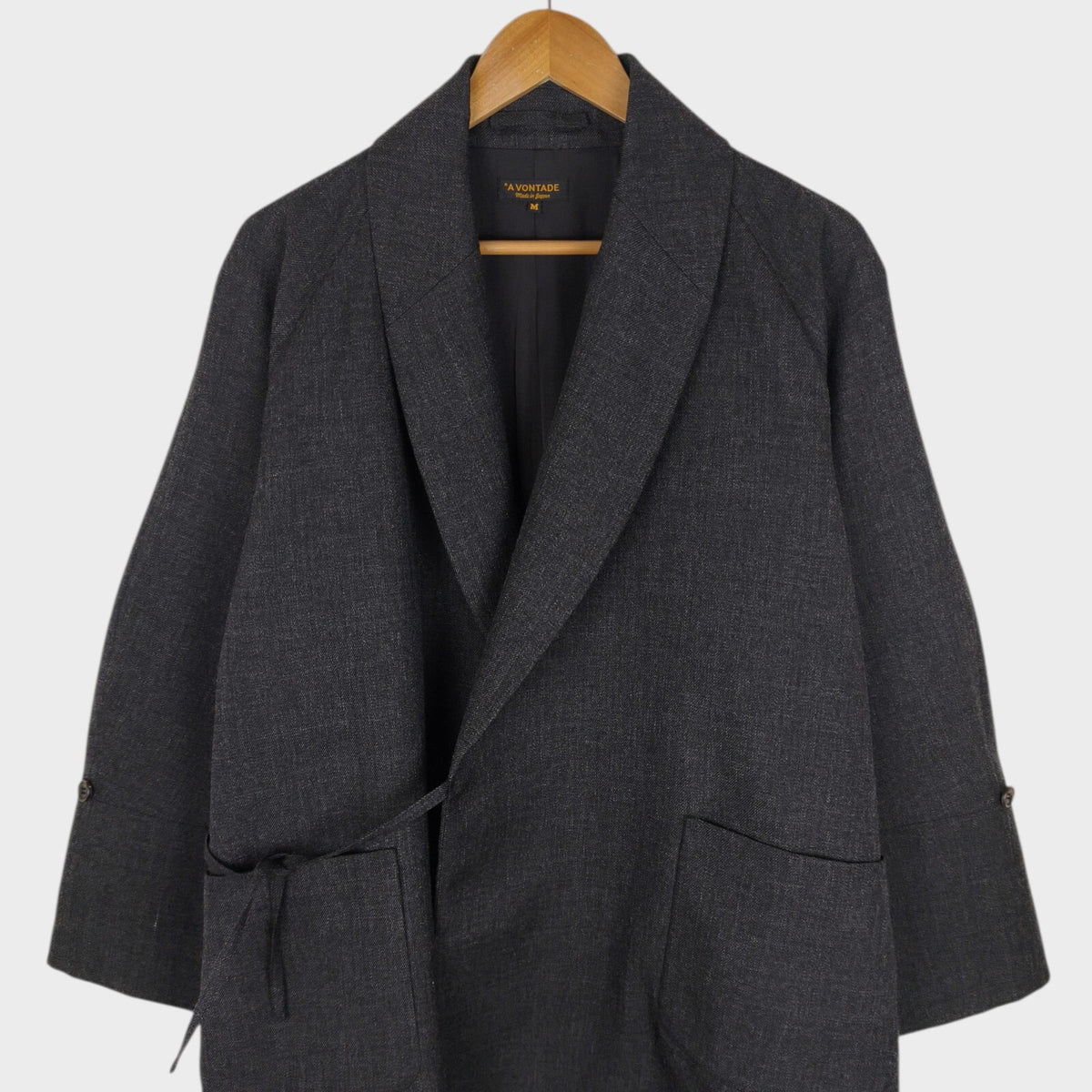 A VONTADE Men's Made in Japan Dark Grey Wool Robe Kimono Coat