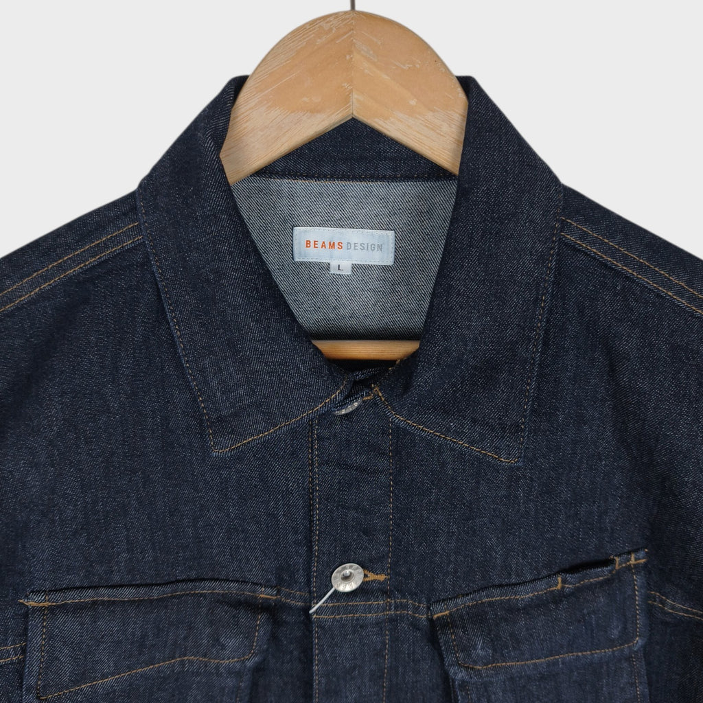 BEAMS Men's Dark Blue Cropped Denim Utility Chore Jacket