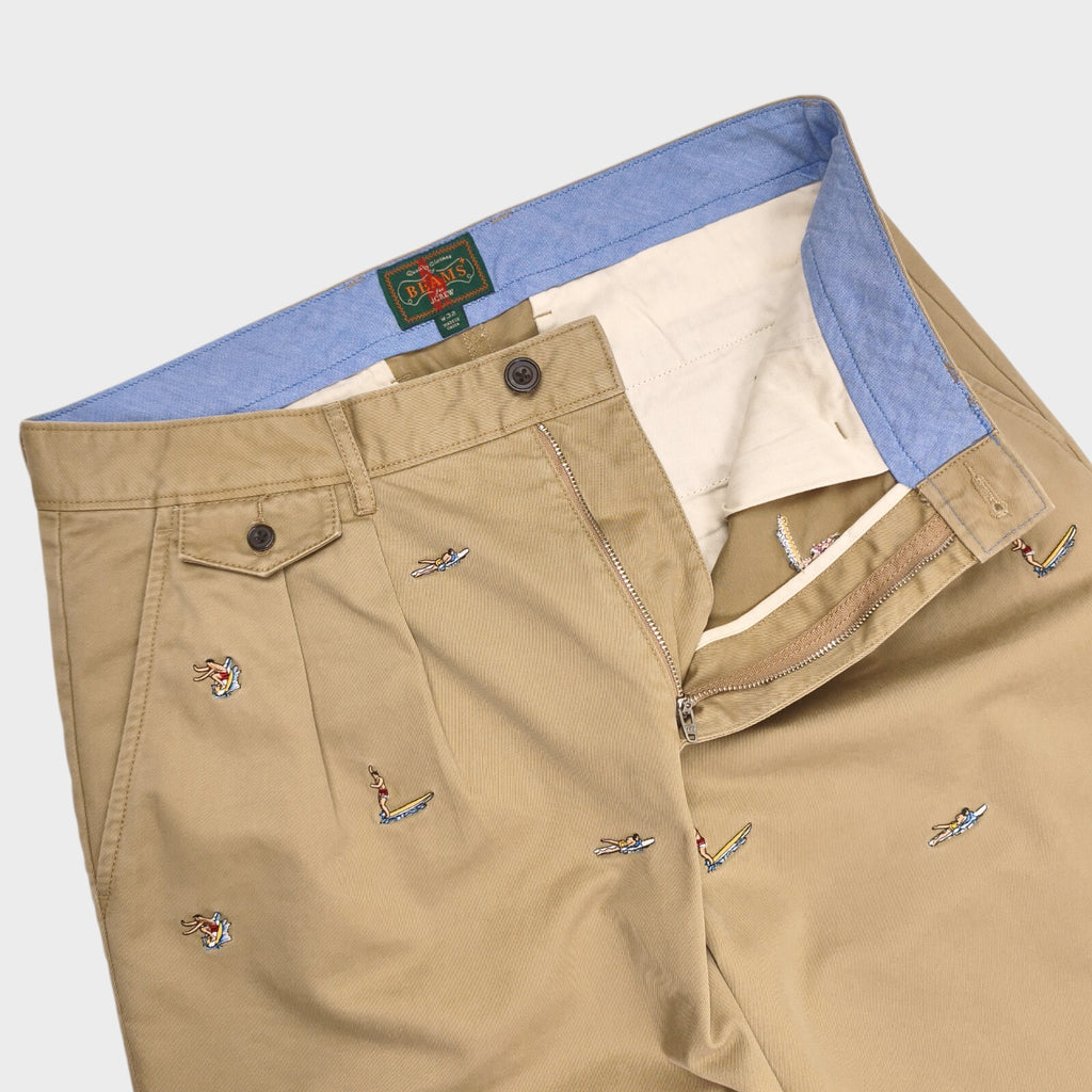 BEAMS PLUS x J.CREW Men's Beige Surfer Embroidery Pleated Chino Trousers