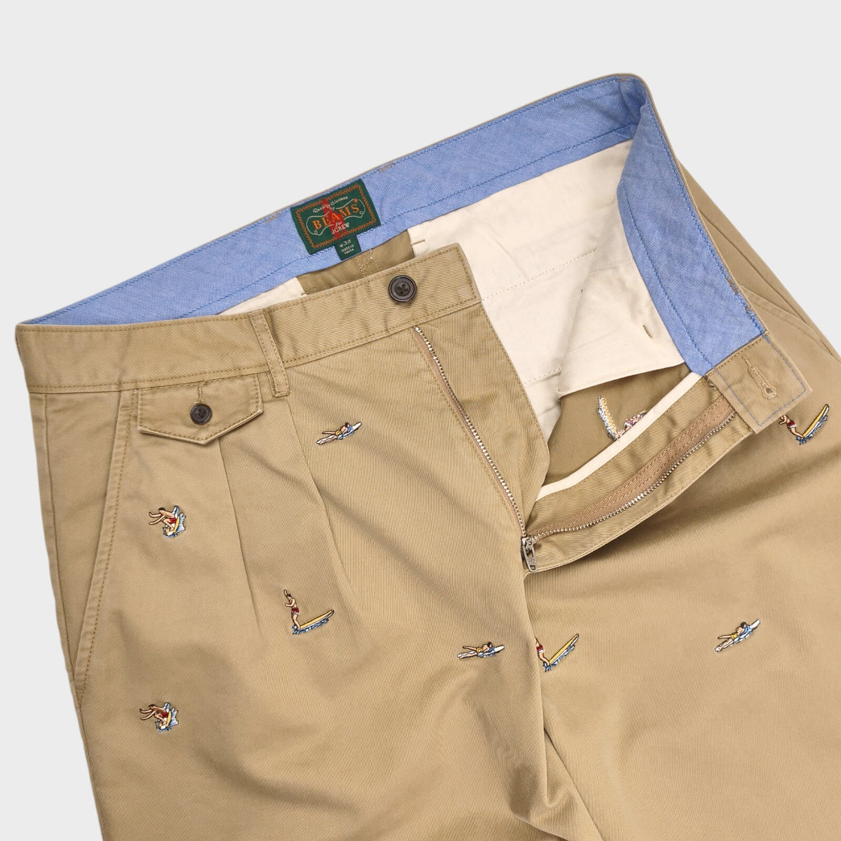 BEAMS PLUS x J.CREW Men's Beige Surfer Embroidery Pleated Chino Trousers