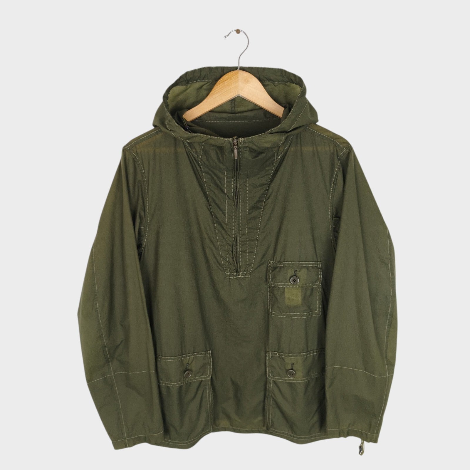 BEAMS PLUS Men's Olive Green Nylon Lightweight Anorak Parka Smock Jacket