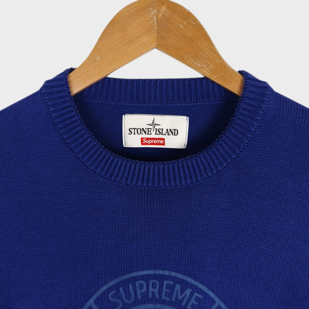 STONE ISLAND x SUPREME Men's Blue Cotton Reflective Compass Knit Jumper