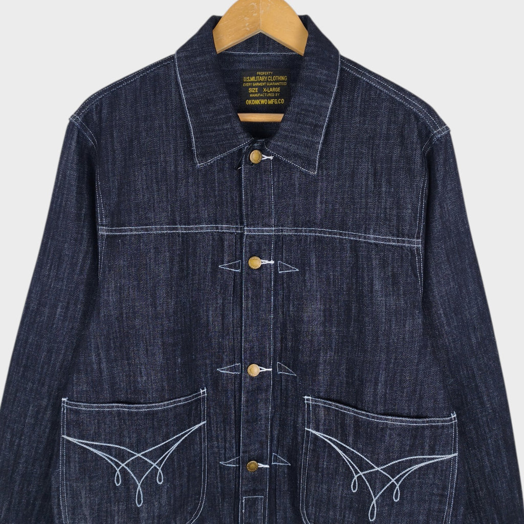 OKONKWO MFG Men's Dark Blue Embroidered Western Denim Jacket