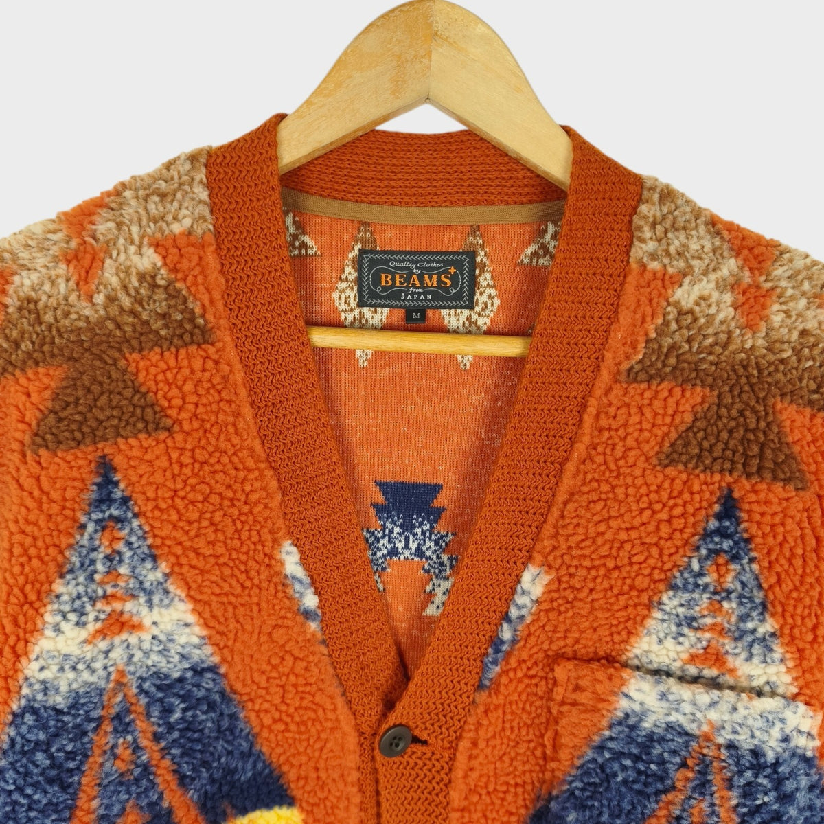 BEAMS PLUS Men's Navajo Fleece Jacquard Pattern Cardigan
