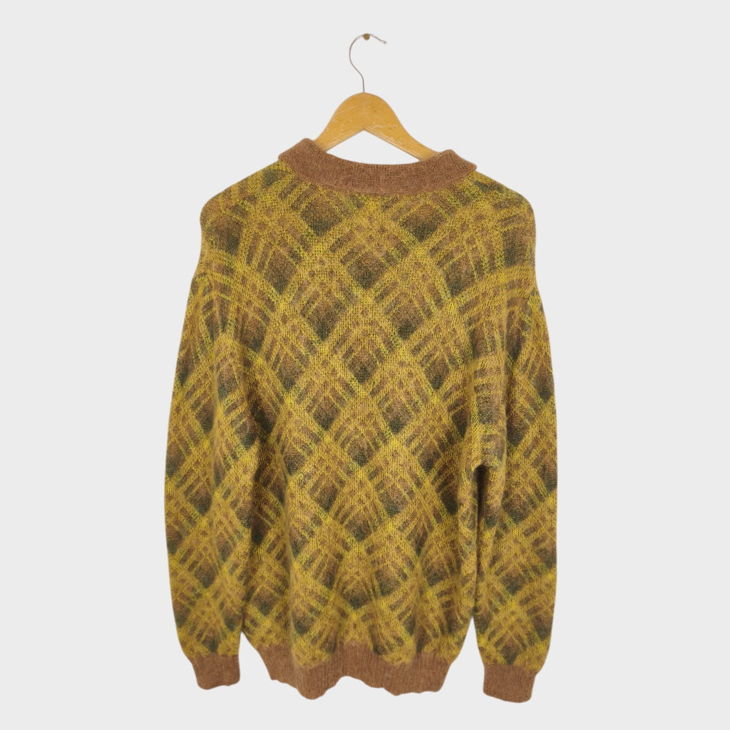 BEAMS PLUS Men's Argyle Shaggy Knit Mohair Blend Polo Shirt Jumper