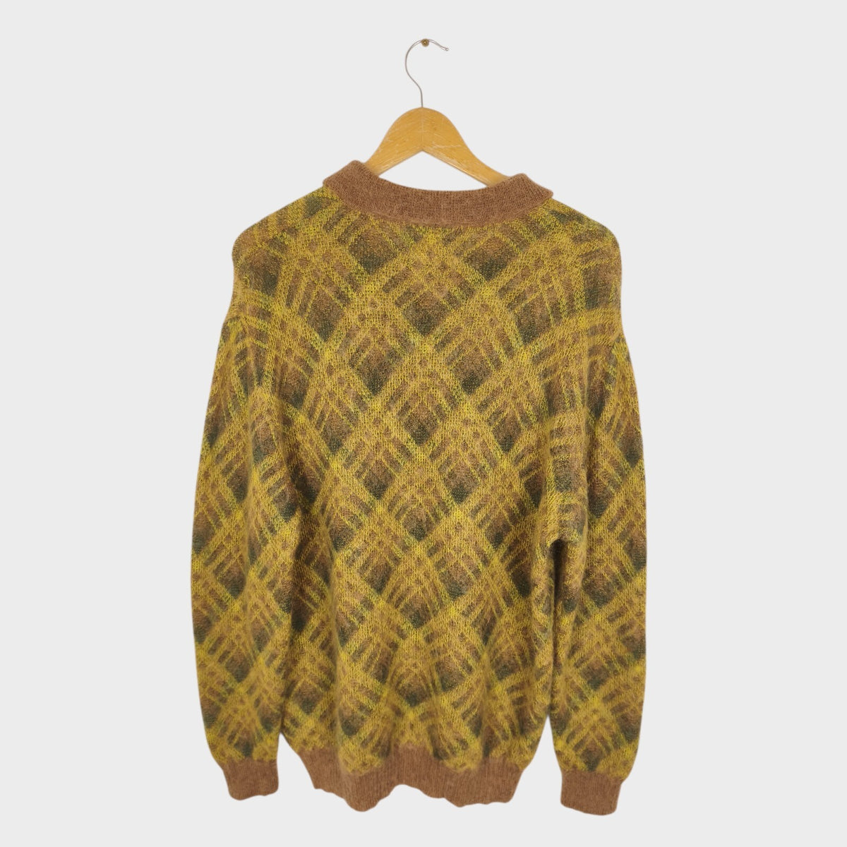 BEAMS PLUS Men's Argyle Shaggy Knit Mohair Blend Polo Shirt Jumper