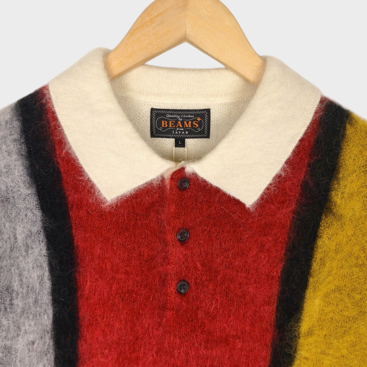 BEAMS PLUS Men's Cream 9 Gauge Shaggy Mohair Blend Polo Shirt Jumper