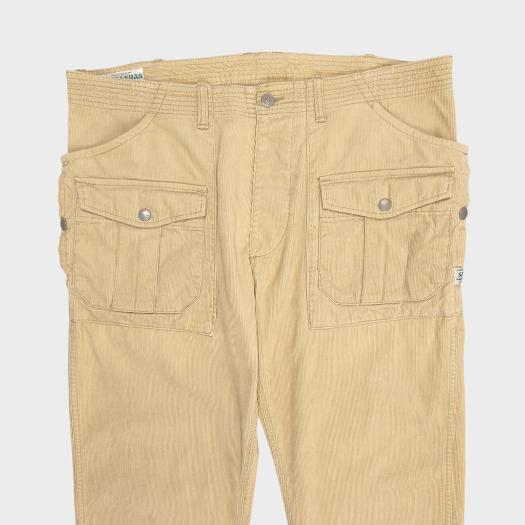 SASSAFRAS Men's Made in Japan Cream/Beige Corduroy Cargo Trousers