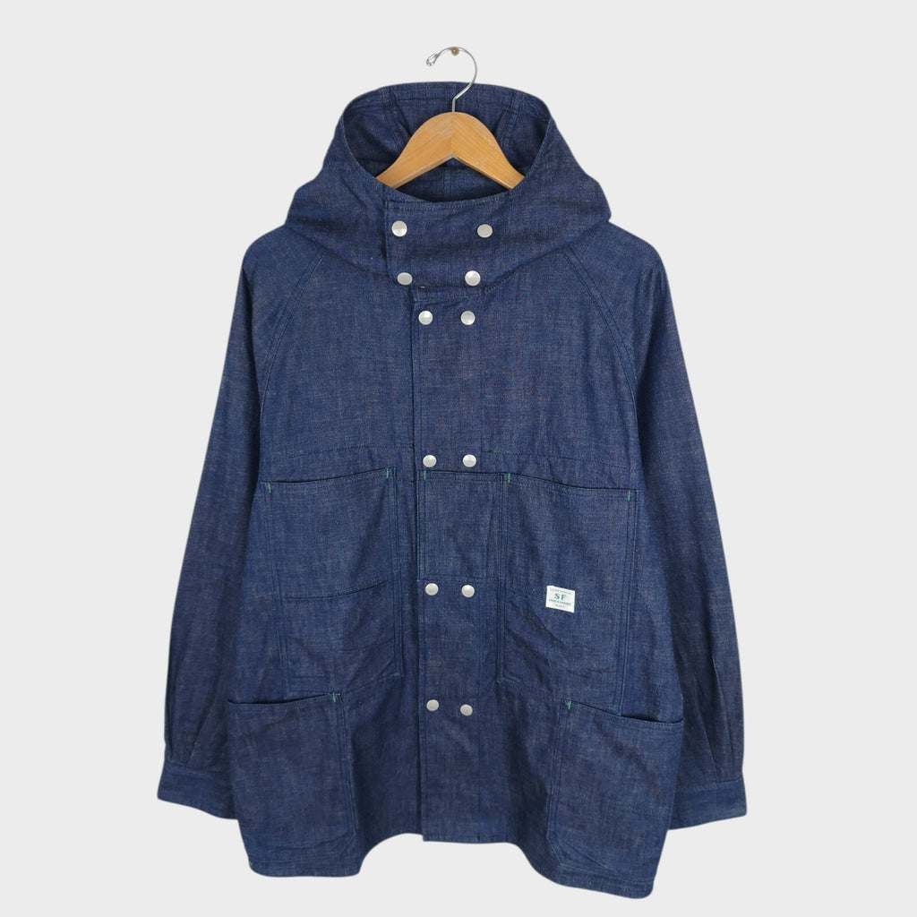 SASSAFRAS Men's Made in Japan Blue Denim Blower Bud Parka Jacket