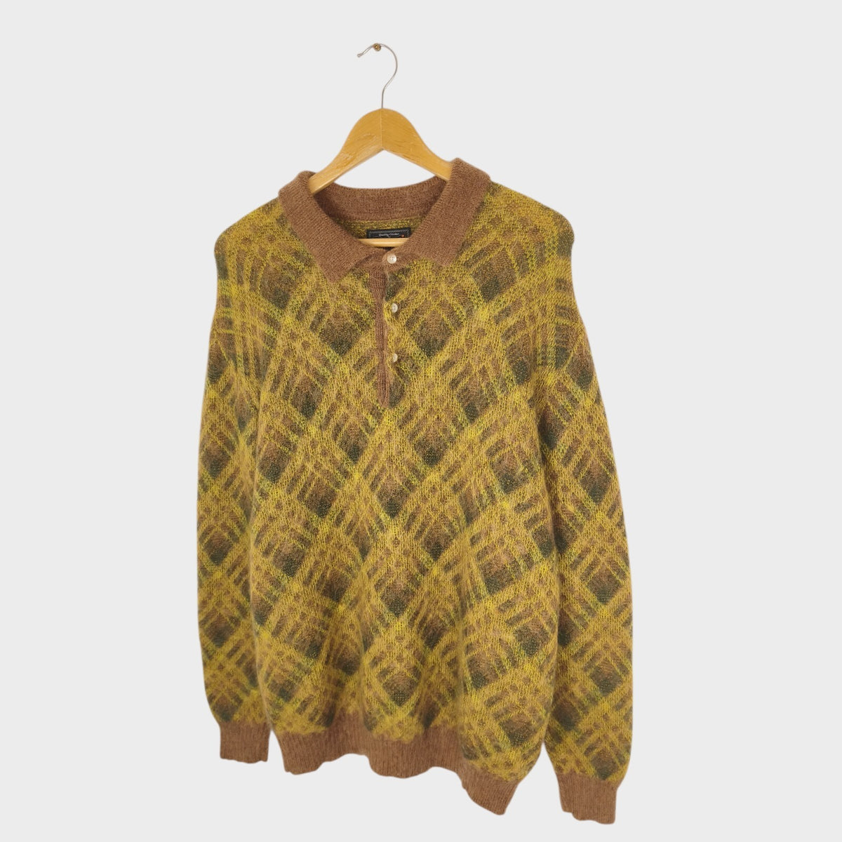 BEAMS PLUS Men's Argyle Shaggy Knit Mohair Blend Polo Shirt Jumper