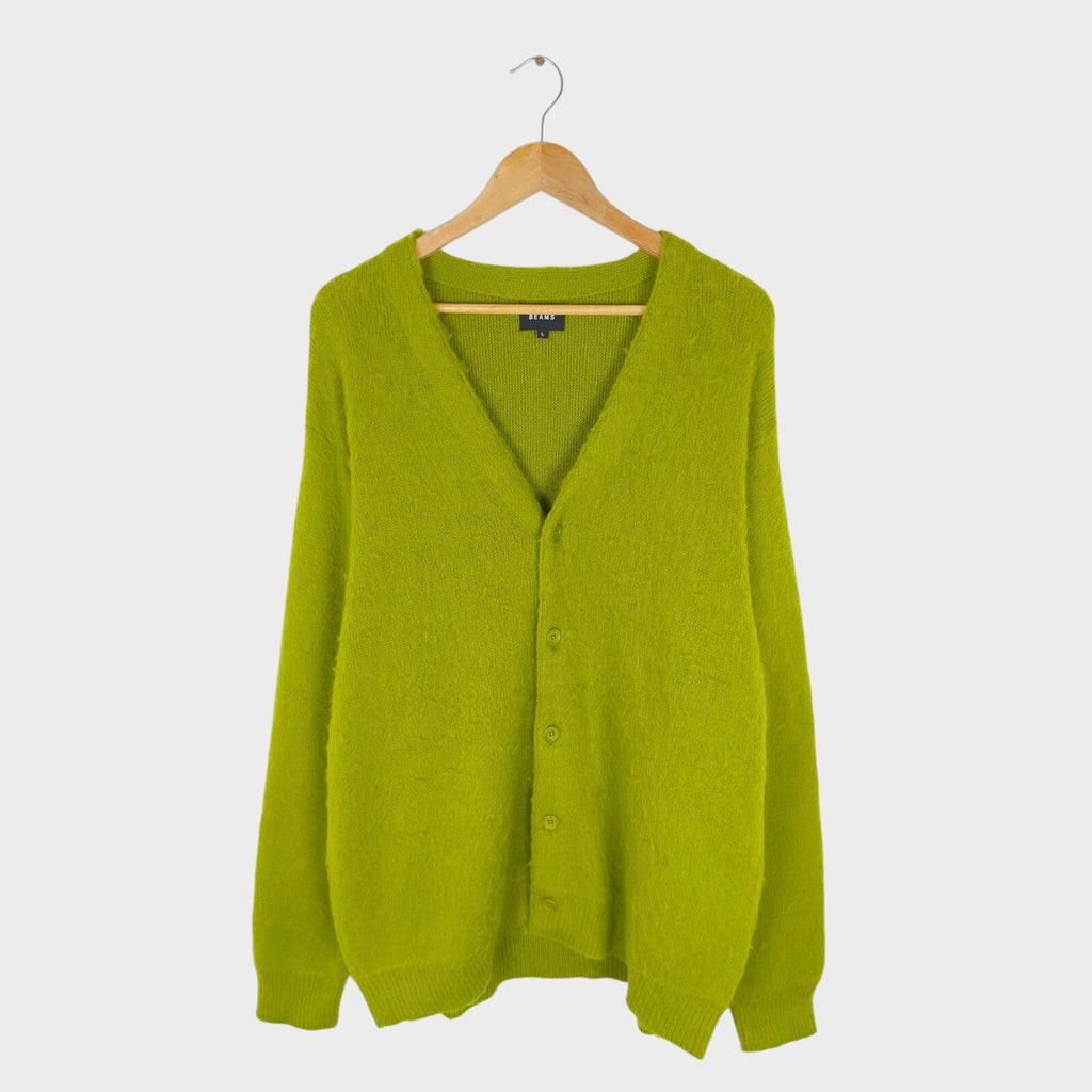 BEAMS Men's Lime Green Mohair Blend Shaggy Grunge Cardigan
