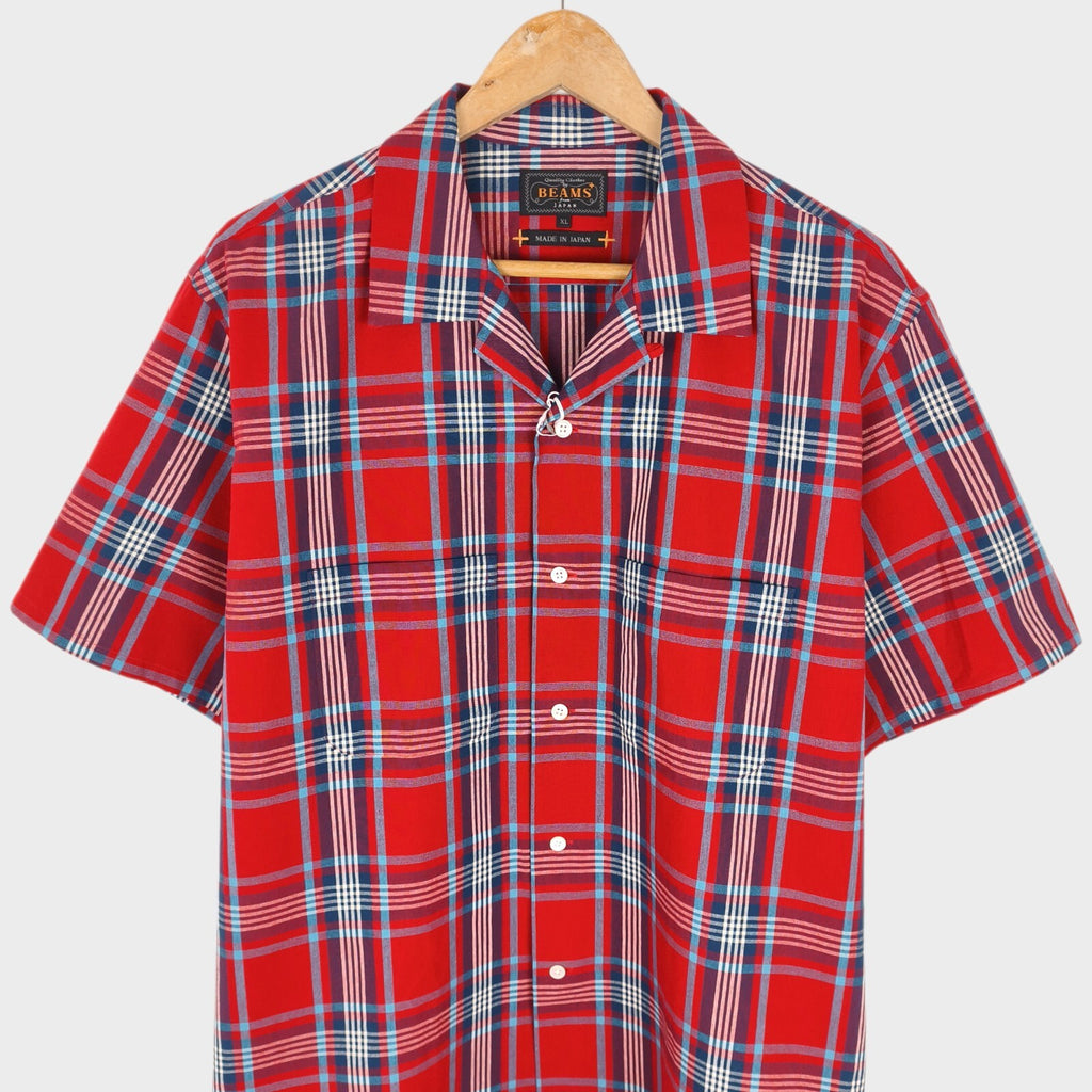 BEAMS PLUS Men's Made in Japan Cotton Red Checked Camp Collar Shirt
