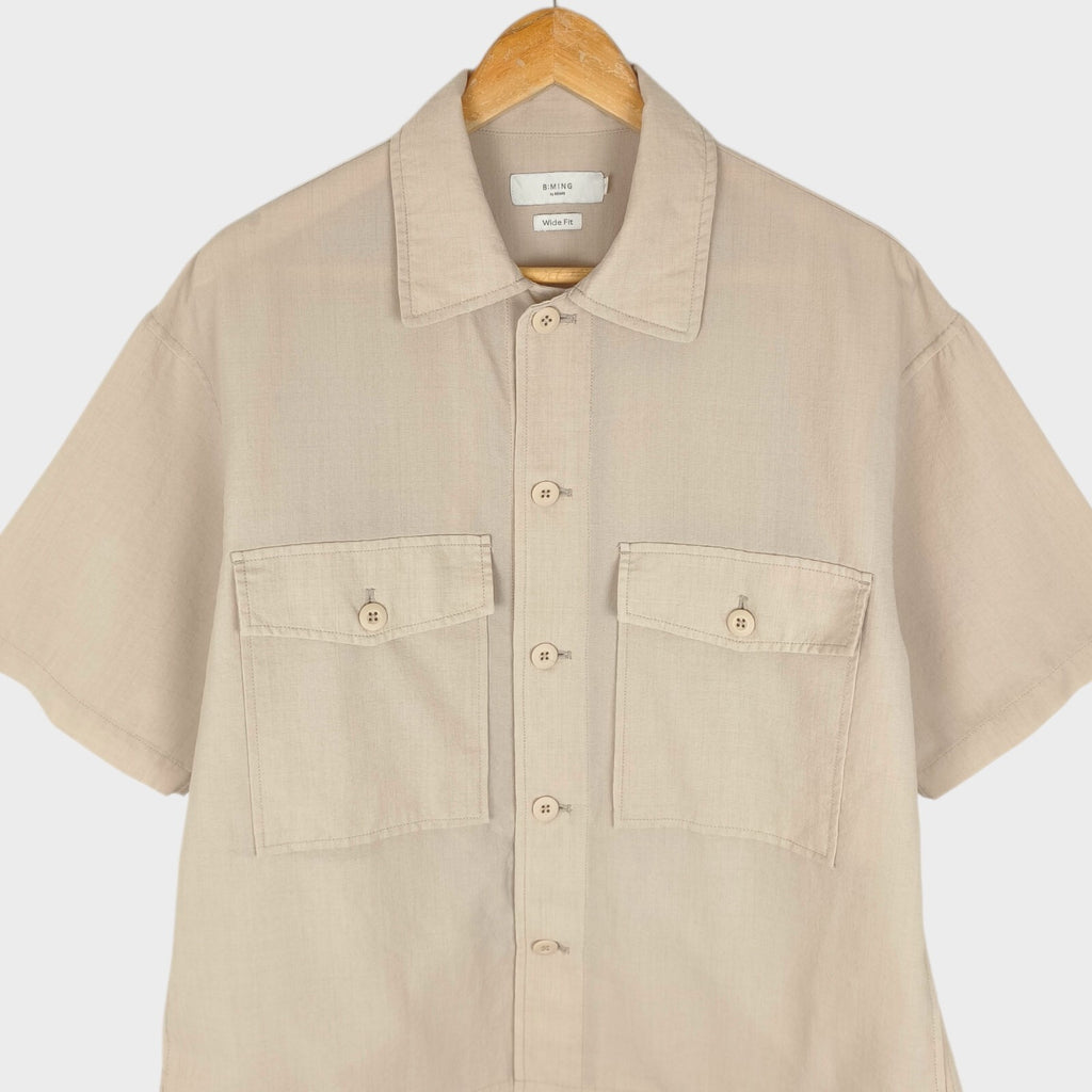 BEAMS B:MING Men's Cream Boxy Fit Short Sleeved Utility Shirt