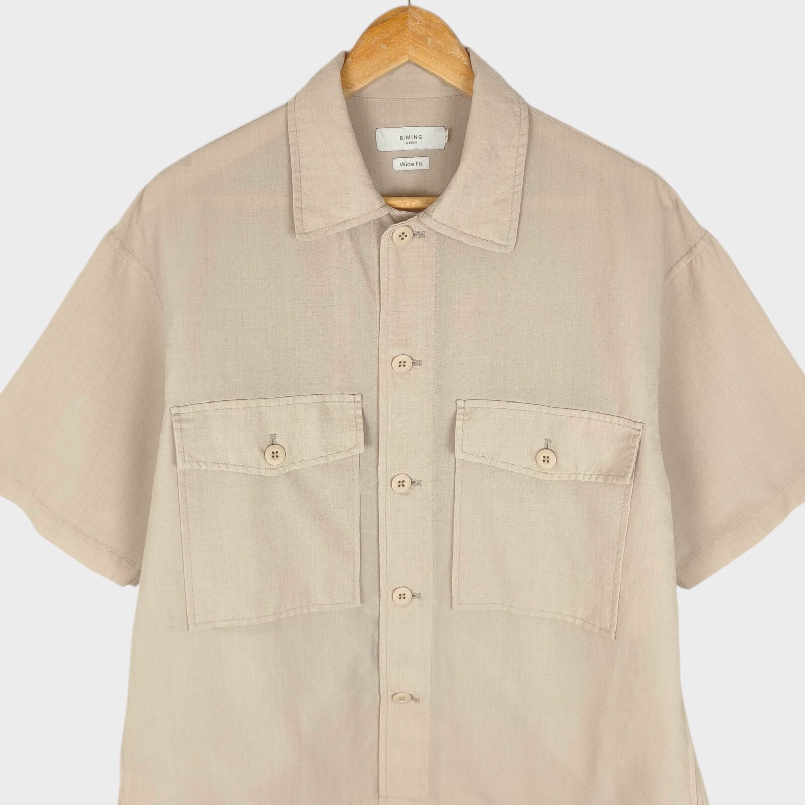 BEAMS B:MING Men's Cream Boxy Fit Short Sleeved Utility Shirt