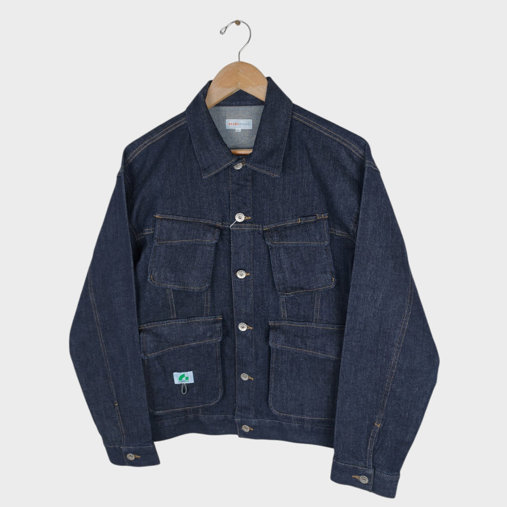 BEAMS Men's Dark Blue Cropped Denim Utility Chore Jacket