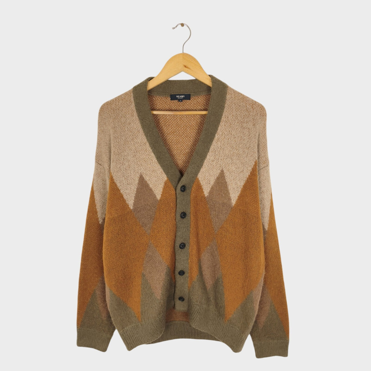 BEAMS HEART Men's Mohair Wool Blend Shaggy Grunge Argyle Cardigan