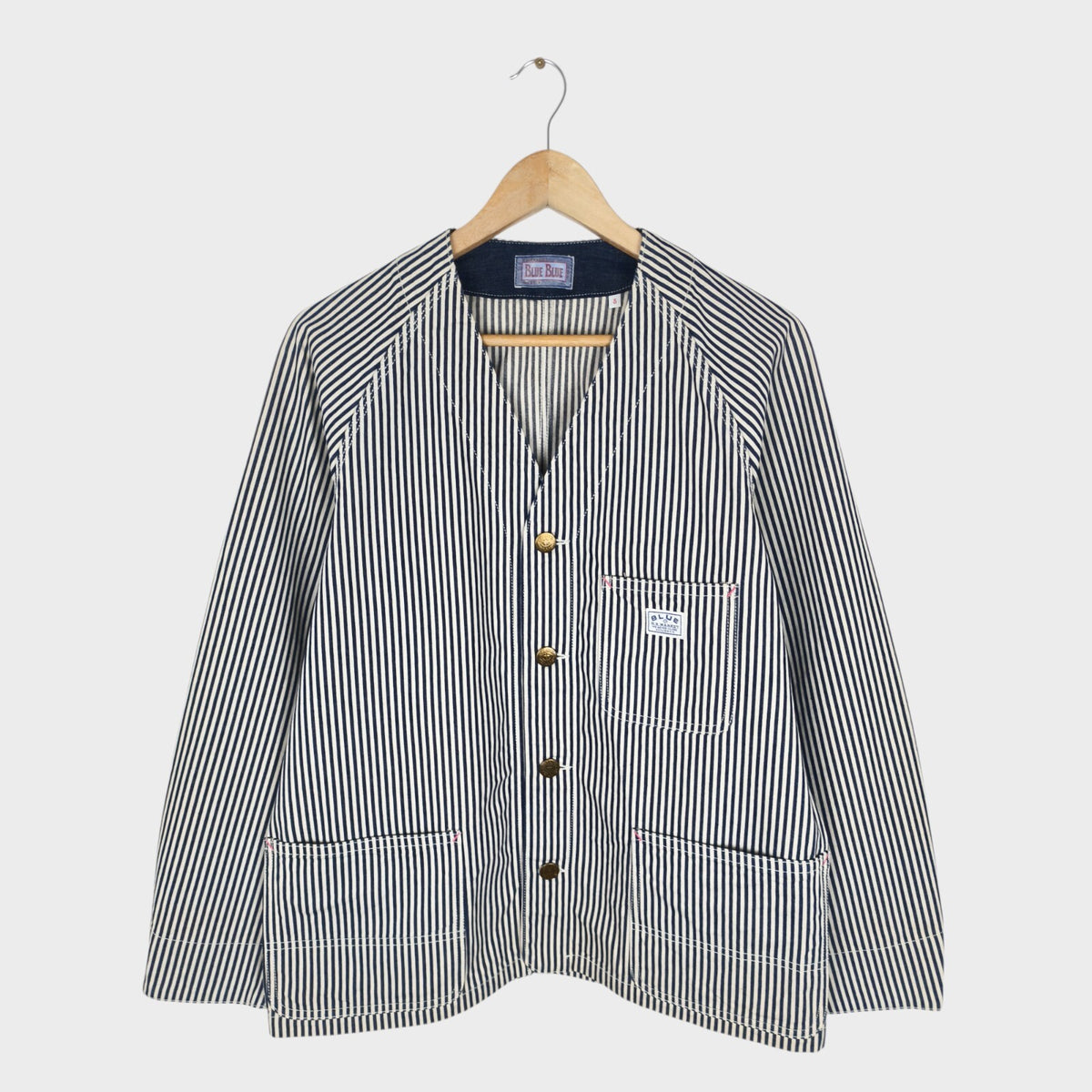 BLUE BLUE JAPAN Men's Made in Japan Hickory Stripe V-Neck Chore Jacket