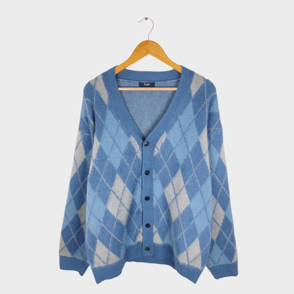 BEAMS HEART Men's Blue Relaxed Shaggy Grunge Argyle Cardigan