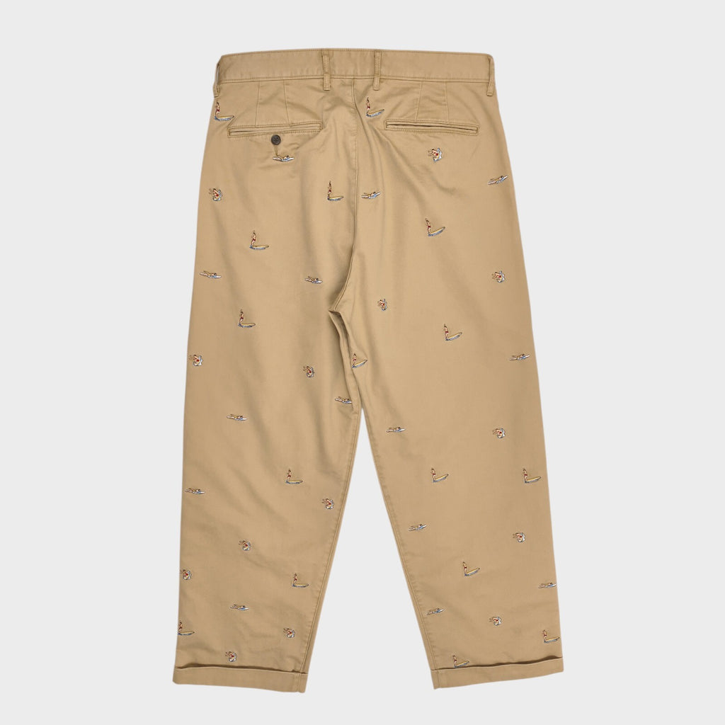 BEAMS PLUS x J.CREW Men's Beige Surfer Embroidery Pleated Chino Trousers