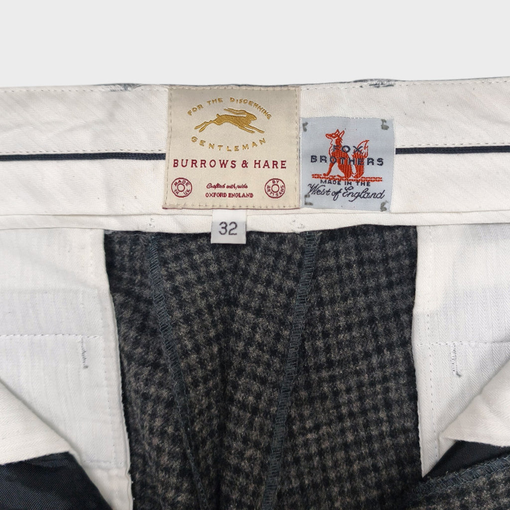 BURROWS & HARE Men's Made in England Checked Wool Pleated Trousers