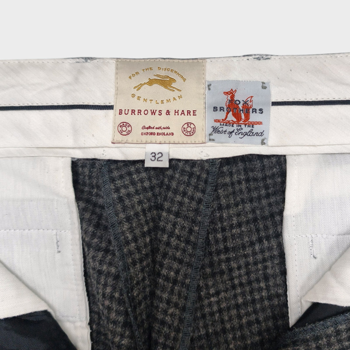 BURROWS & HARE Men's Made in England Checked Wool Pleated Trousers