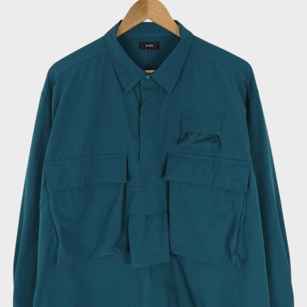 BEAMS Men's Teal Oversized Fit Utility Pullover Action Overshirt