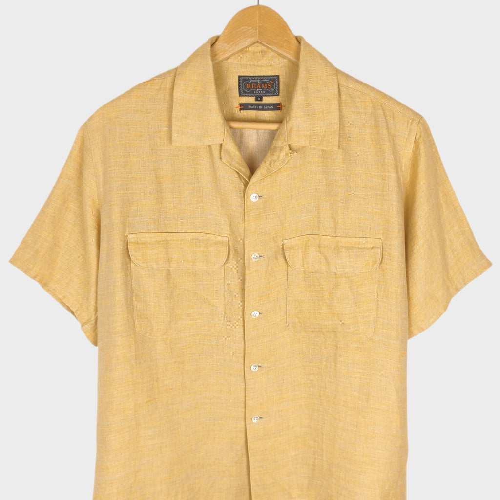 BEAMS PLUS Men's Made in Japan 100% Linen Camp Collar Vacation Shirt