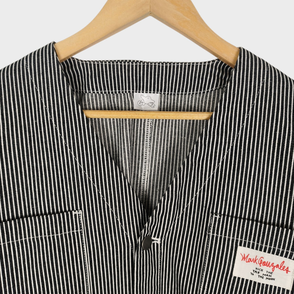 MARK GONZALES Men's Oversized Fit Hickory Stripe V-Neck Engineer Chore Jacket