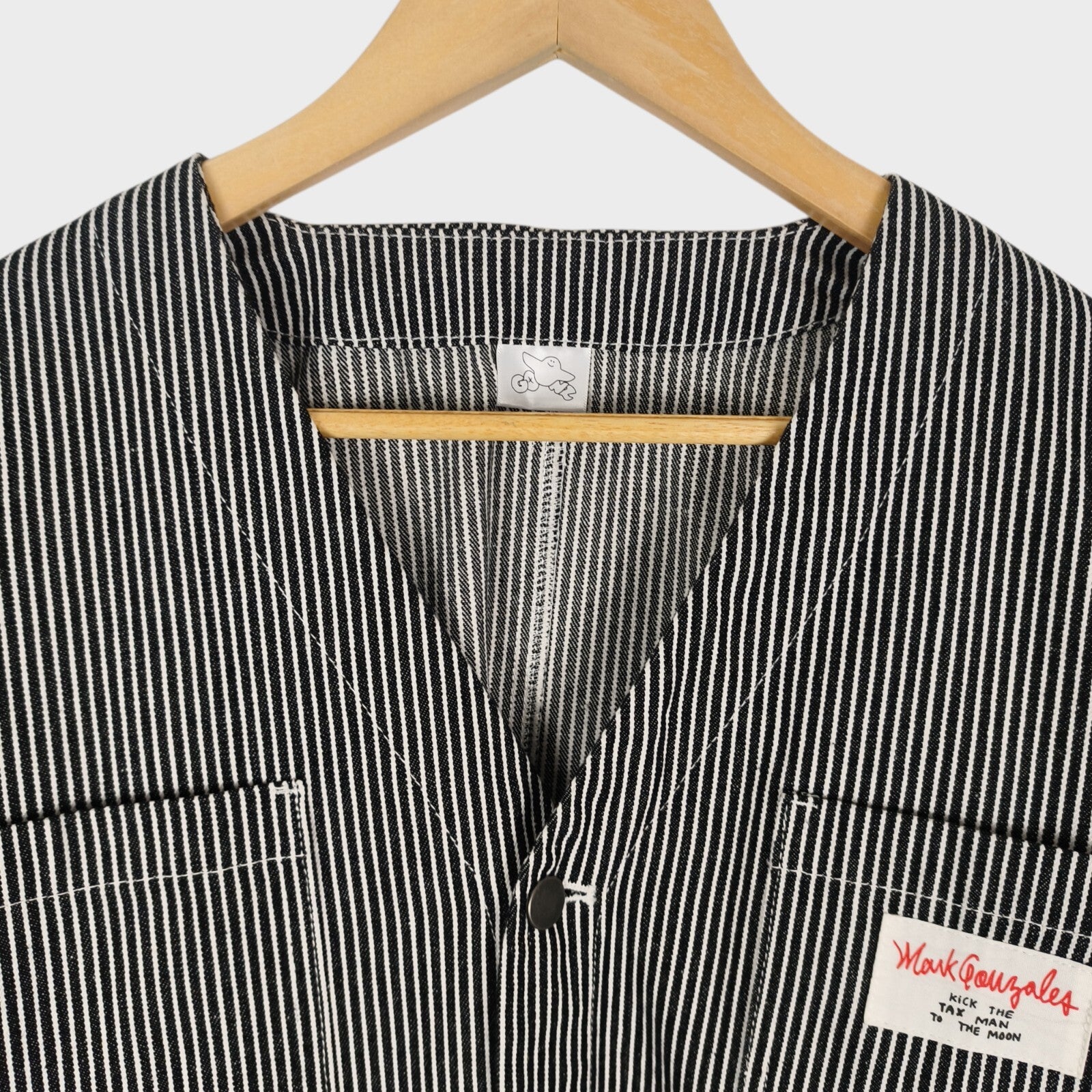MARK GONZALES Men's Oversized Fit Hickory Stripe V-Neck Engineer Chore Jacket
