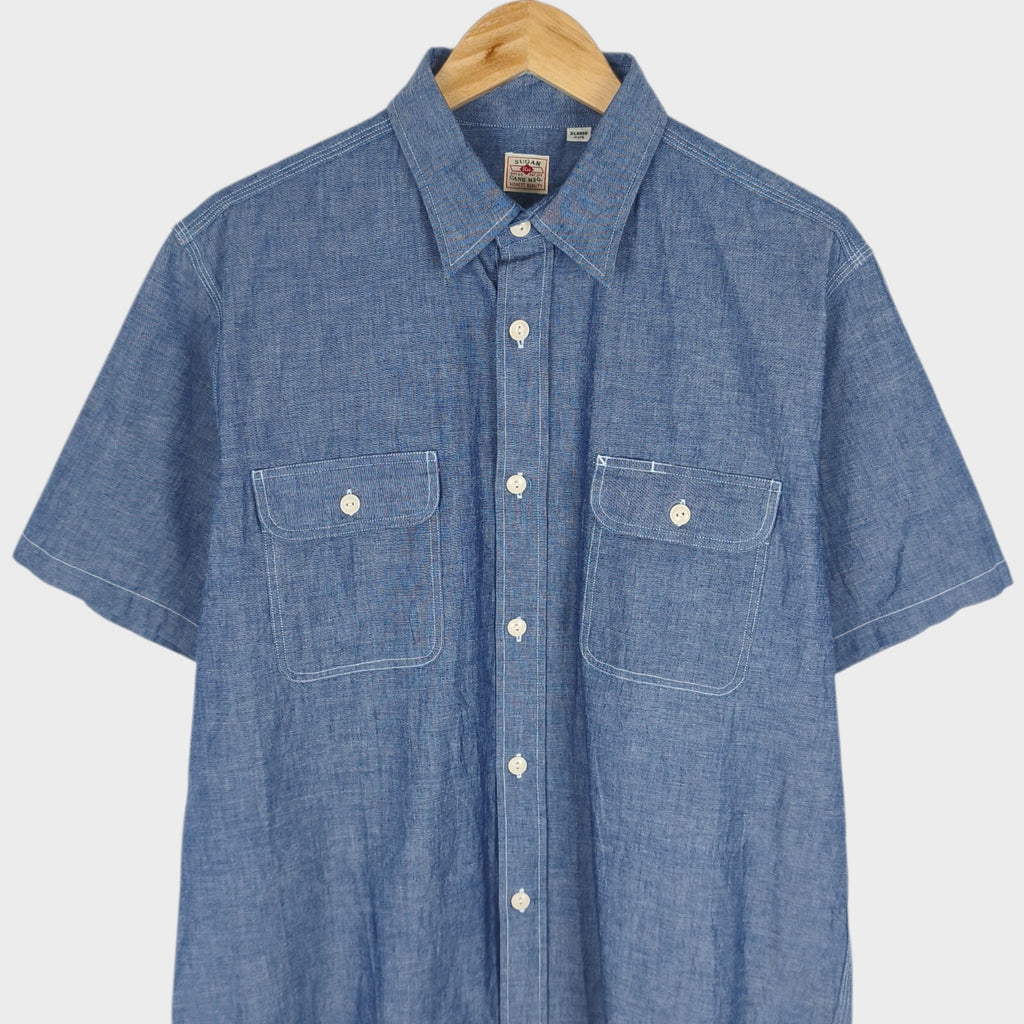 SUGAR CANE Men's Made in Japan Blue Chambray Short Sleeved Shirt
