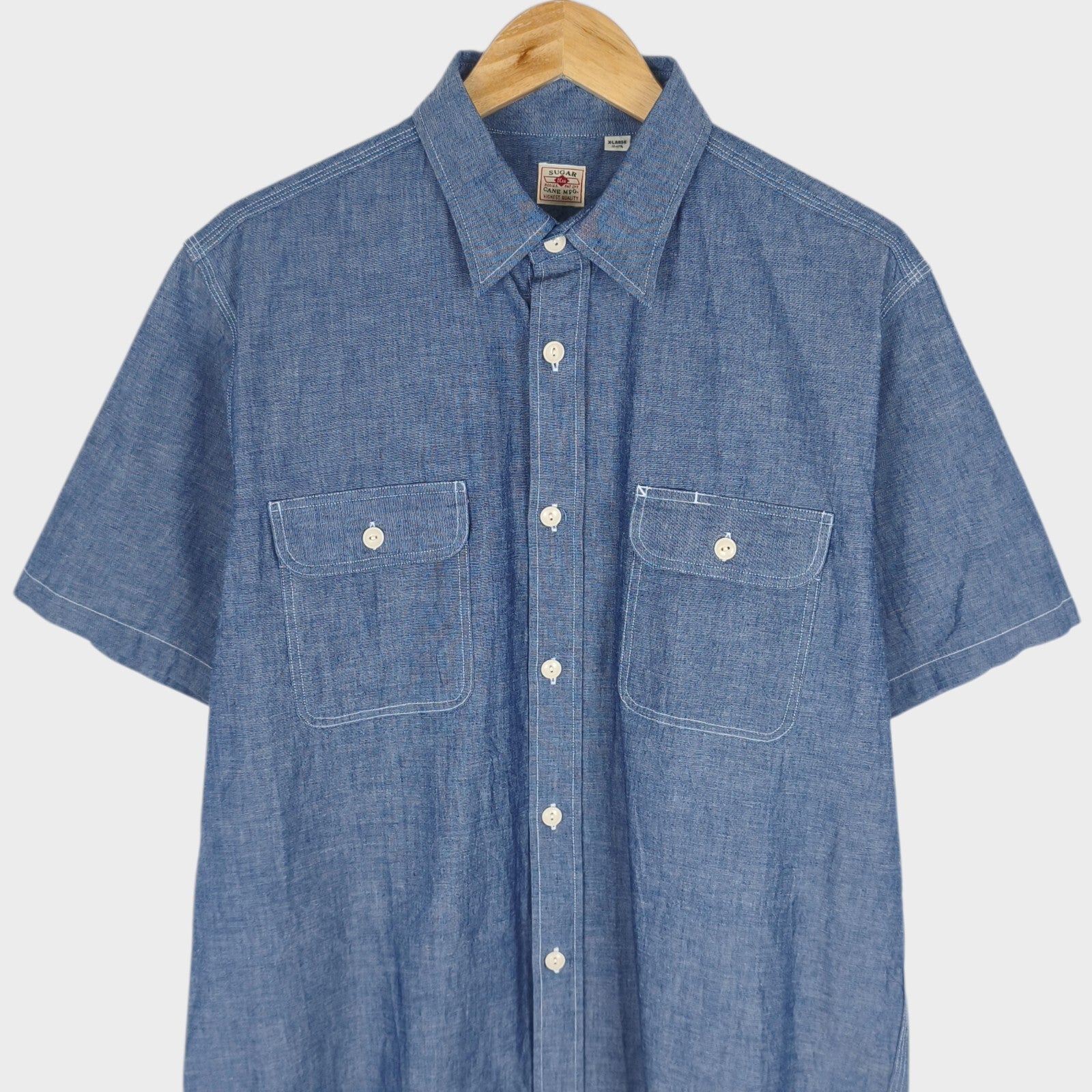 SUGAR CANE Men's Made in Japan Blue Chambray Short Sleeved Shirt