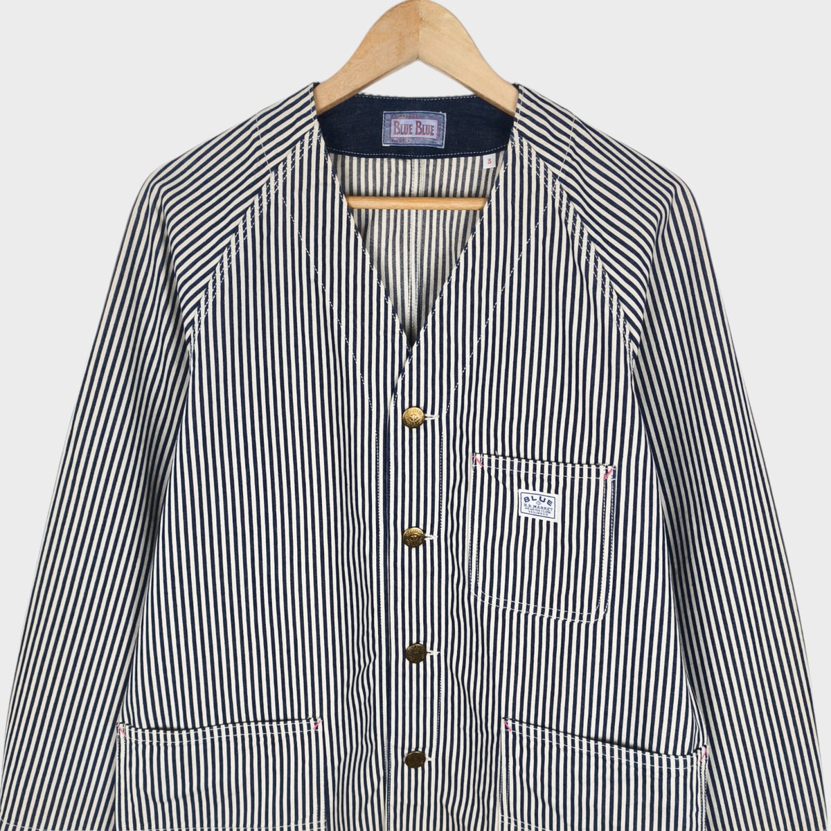 BLUE BLUE JAPAN Men's Made in Japan Hickory Stripe V-Neck Chore Jacket