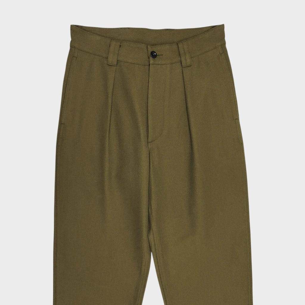 MHL MARGARET HOWELL Men's Green 60/40 Cotton Wool Pleated High Waist Trousers