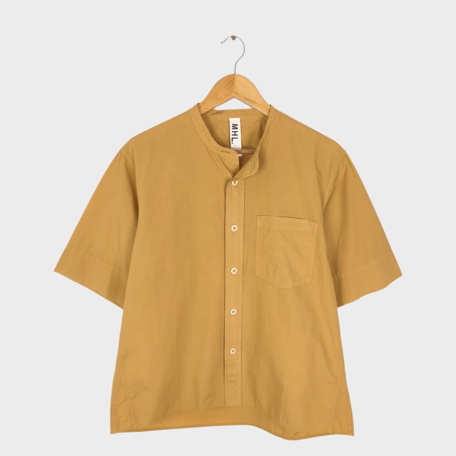 MHL MARGARET HOWELL Men's Camel Band Collar Short Sleeved Shirt